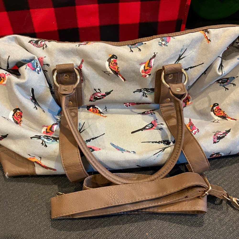 Blue Bird Multicolor Print Tote with Brown Accents